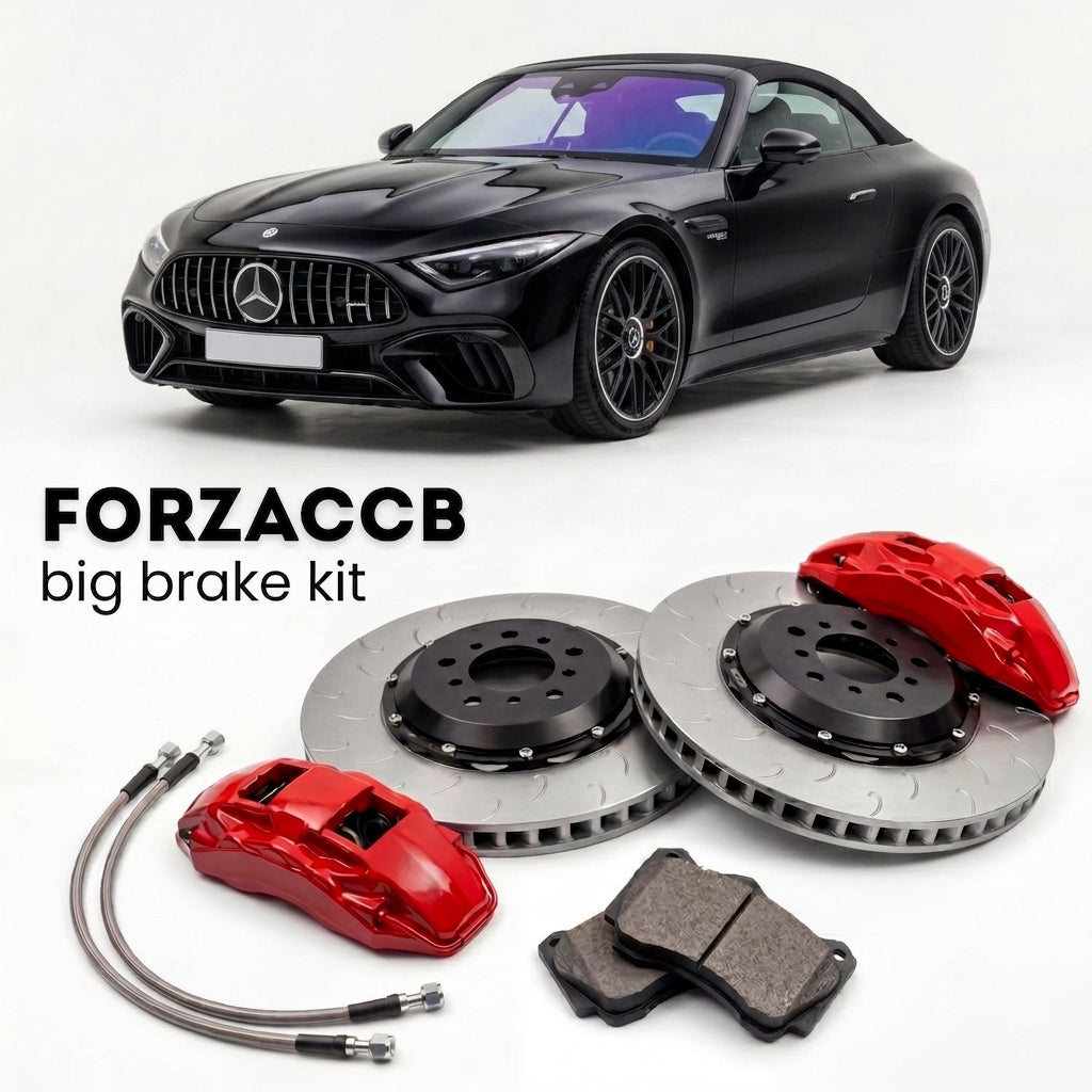Black Mercedes-Benz SL 63 AMG R232 (2022+) shown above a ForzaCCB iron rotor big brake kit with 2x red 6-piston front calipers, 2x two-piece floating ventilated brake discs 380 mm, set of brake pads, and brake lines.