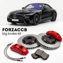 Black Mercedes-Benz SL 63 AMG R232 (2022+) shown above a ForzaCCB iron rotor big brake kit with 2x red 6-piston front calipers, 2x two-piece floating ventilated brake discs 380 mm, set of brake pads, and brake lines.