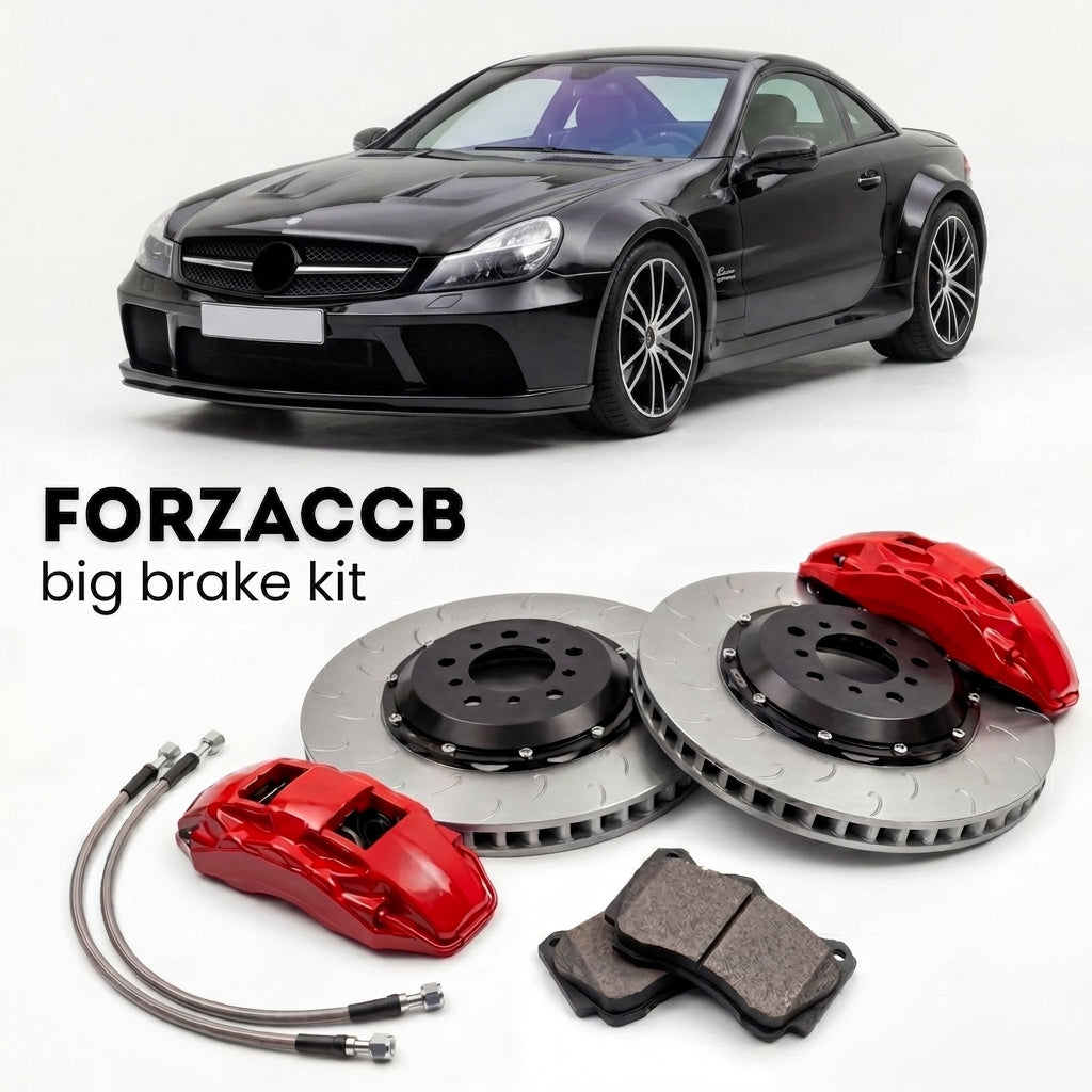 Black Mercedes-Benz SL 65 AMG Black Series R230 (2008-2011) shown above a ForzaCCB iron rotor big brake kit with 2x red 6-piston front calipers, 2x two-piece floating ventilated brake discs 380 mm, set of brake pads, and brake lines.