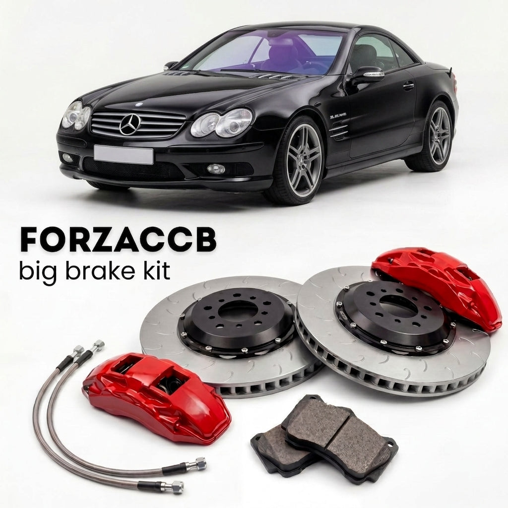 Black Mercedes-Benz SL 65 AMG R230 (2004-2011) shown above a ForzaCCB iron rotor big brake kit with 2x red 6-piston front calipers, 2x two-piece floating ventilated brake discs 380 mm, set of brake pads, and brake lines.