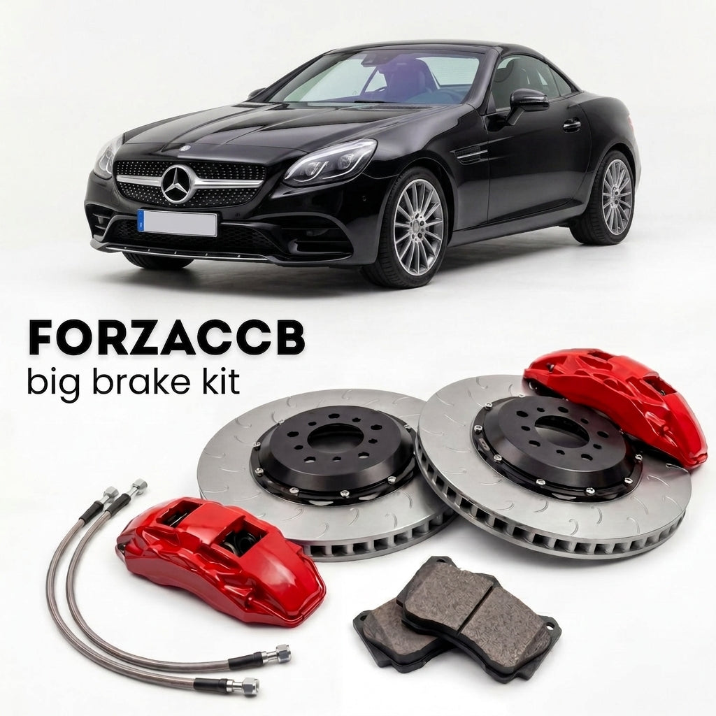 Black Mercedes-Benz SLC 300 R172 (2016-2020) shown above a ForzaCCB iron rotor big brake kit with 2x red 6-piston front calipers, 2x two-piece floating ventilated brake discs 380 mm, set of brake pads, and brake lines.
