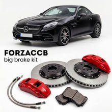 Black Mercedes-Benz SLC 43 AMG R172 (2016-2020) shown above a ForzaCCB iron rotor big brake kit with 2x red 6-piston front calipers, 2x two-piece floating ventilated brake discs 380 mm, set of brake pads, and brake lines.