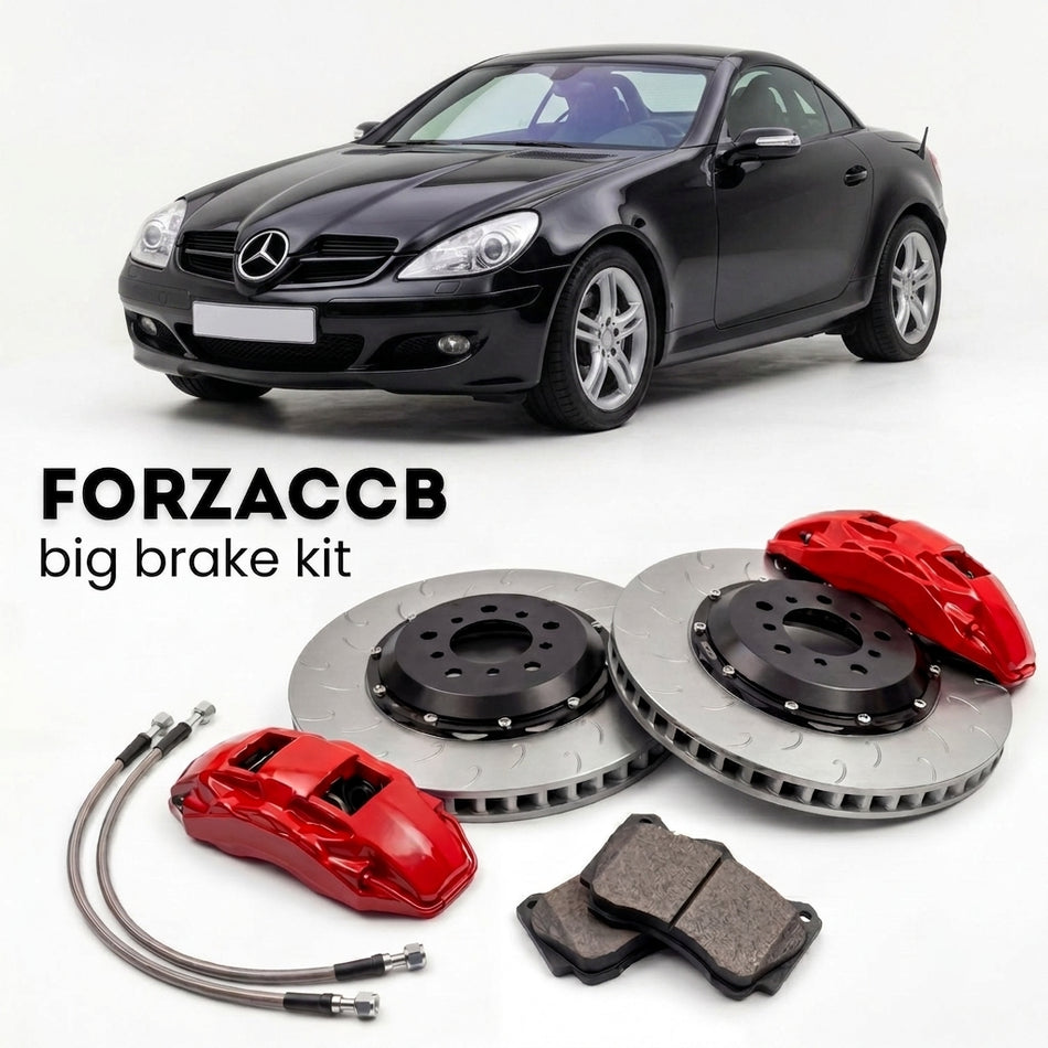 Black Mercedes-Benz SLK 350 R171 (2005-2011) shown above a ForzaCCB iron rotor big brake kit with 2x red 6-piston front calipers, 2x two-piece floating ventilated brake discs 380 mm, set of brake pads, and brake lines.