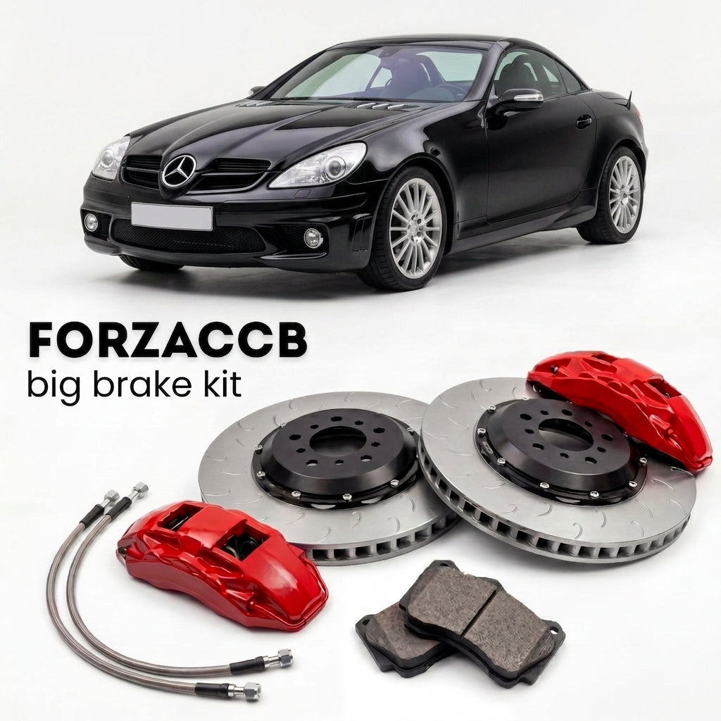 Black Mercedes-Benz SLK 55 AMG R171 (2005-2011) shown above a ForzaCCB iron rotor big brake kit with 2x red 6-piston front calipers, 2x two-piece floating ventilated brake discs 380 mm, set of brake pads, and brake lines.