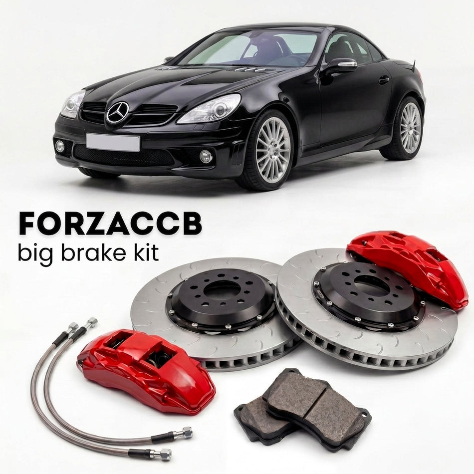 Black Mercedes-Benz SLK 55 AMG R171 (2005-2011) shown above a ForzaCCB iron rotor big brake kit with 2x red 6-piston front calipers, 2x two-piece floating ventilated brake discs 380 mm, set of brake pads, and brake lines.