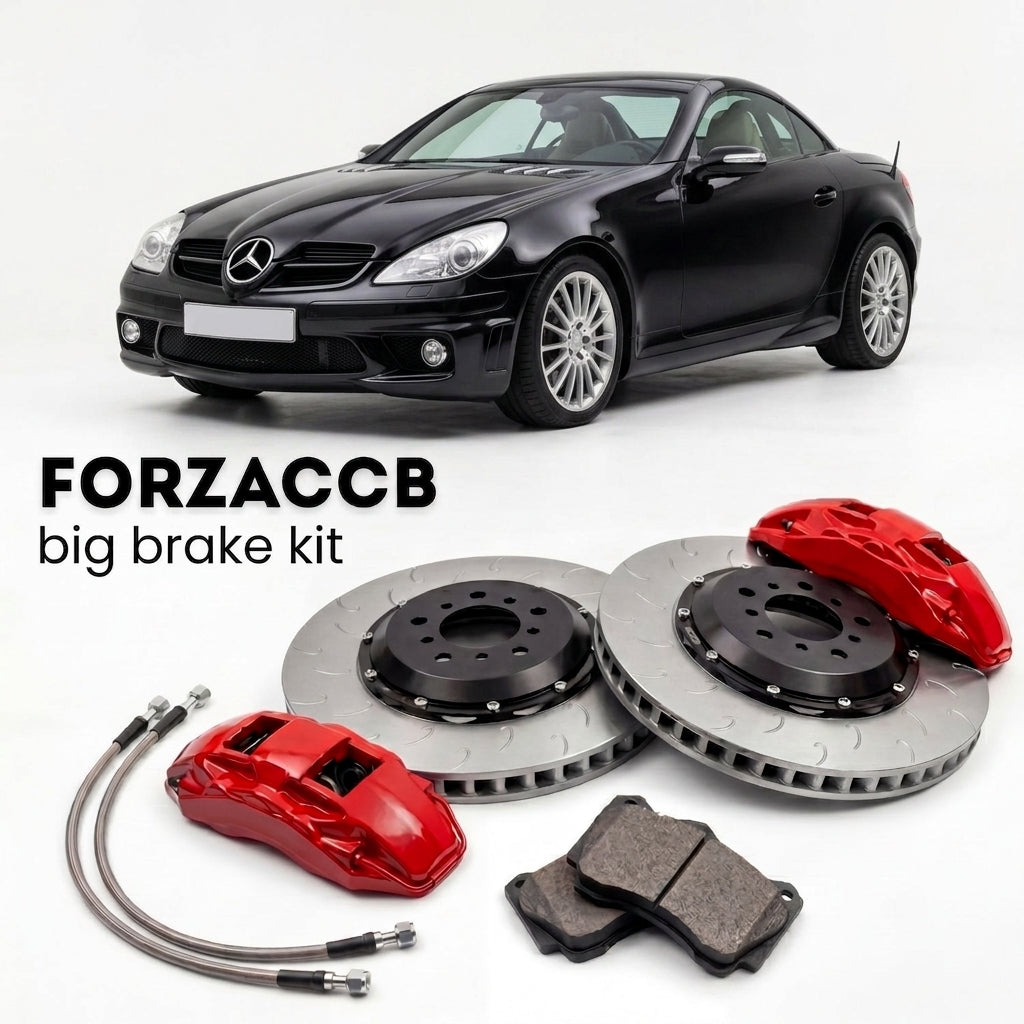 Black Mercedes-Benz SLK 55 AMG R171 (2006-2011) shown above a ForzaCCB iron rotor big brake kit with 2x red 6-piston front calipers, 2x two-piece floating ventilated brake discs 380 mm, set of brake pads, and brake lines.