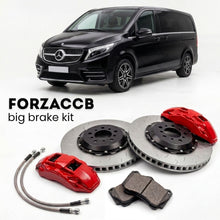 Black Mercedes-Benz V-Class W447 facelift (2019-2023) shown above a ForzaCCB iron rotor big brake kit with 2x red 6-piston front calipers, 2x two-piece floating ventilated brake discs 380 mm, set of brake pads, and brake lines.