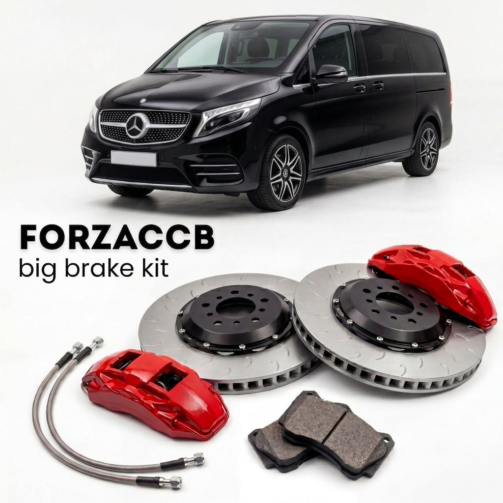 Black Mercedes-Benz V-Class W447 facelift (2019-2023) shown above a ForzaCCB iron rotor big brake kit with 2x red 6-piston front calipers, 2x two-piece floating ventilated brake discs 380 mm, set of brake pads, and brake lines.
