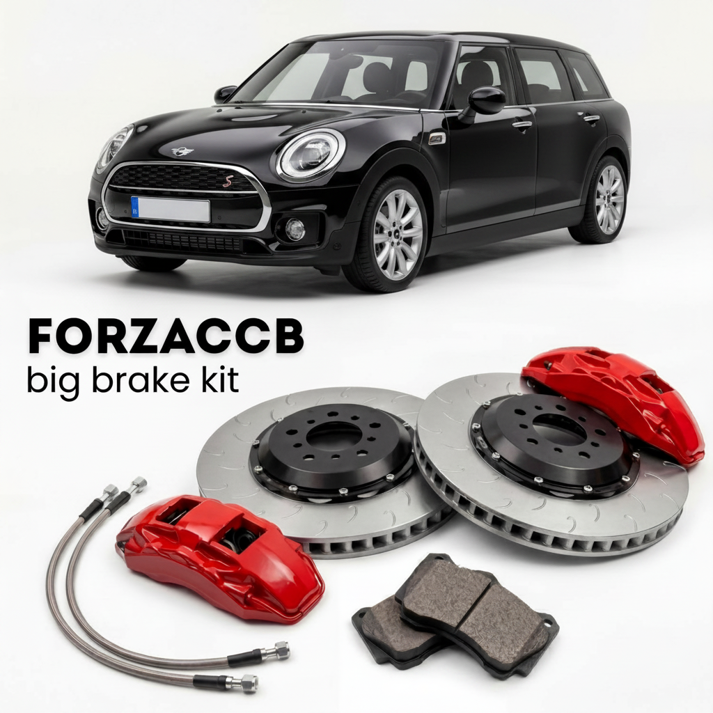 Black Mini Clubman F54 (2015-2019) shown above a ForzaCCB iron rotor big brake kit with 2x red 6-piston front calipers, 2x two-piece floating ventilated brake discs 380 mm, set of brake pads, and brake lines.