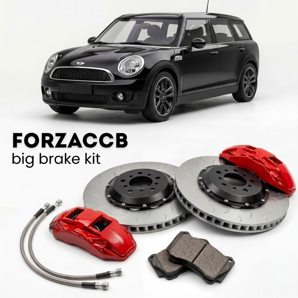 Black Mini Clubman R55 (2010-2014) shown above a ForzaCCB iron rotor big brake kit with 2x red 6-piston front calipers, 2x two-piece floating ventilated brake discs 380 mm, set of brake pads, and brake lines.