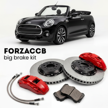 Black Mini Convertible F57 (2016-2018) shown above a ForzaCCB iron rotor big brake kit with 2x red 6-piston front calipers, 2x two-piece floating ventilated brake discs 380 mm, set of brake pads, and brake lines.