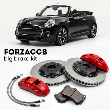 Black Mini Convertible F57 (2016-2018) shown above a ForzaCCB iron rotor big brake kit with 2x red 6-piston front calipers, 2x two-piece floating ventilated brake discs 380 mm, set of brake pads, and brake lines.