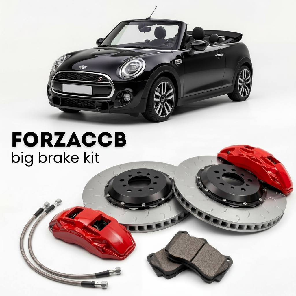 Black Mini Convertible F57, facelift 2018 (2018-2021) shown above a ForzaCCB iron rotor big brake kit with 2x red 6-piston front calipers, 2x two-piece floating ventilated brake discs 380 mm, set of brake pads, and brake lines.