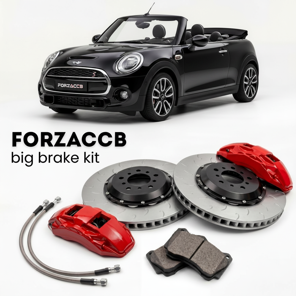 Black Mini Convertible F57, facelift 2021 (2021-2024) shown above a ForzaCCB iron rotor big brake kit with 2x red 6-piston front calipers, 2x two-piece floating ventilated brake discs 380 mm, set of brake pads, and brake lines.