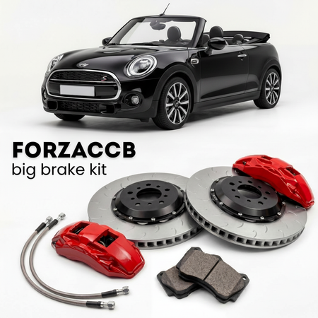 Black Mini Convertible F67 (2024+) shown above a ForzaCCB iron rotor big brake kit with 2x red 6-piston front calipers, 2x two-piece floating ventilated brake discs 380 mm, set of brake pads, and brake lines.