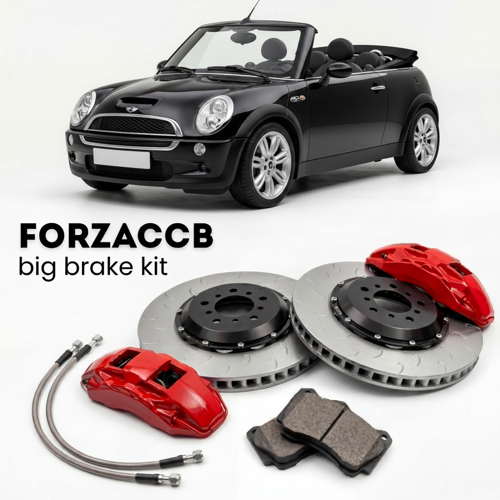 Black Mini Convertible R52 (2005-2008) shown above a ForzaCCB iron rotor big brake kit with 2x red 6-piston front calipers, 2x two-piece floating ventilated brake discs 380 mm, set of brake pads, and brake lines.