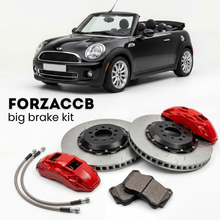 Black Mini Convertible R57 (2009-2015) shown above a ForzaCCB iron rotor big brake kit with 2x red 6-piston front calipers, 2x two-piece floating ventilated brake discs 380 mm, set of brake pads, and brake lines.