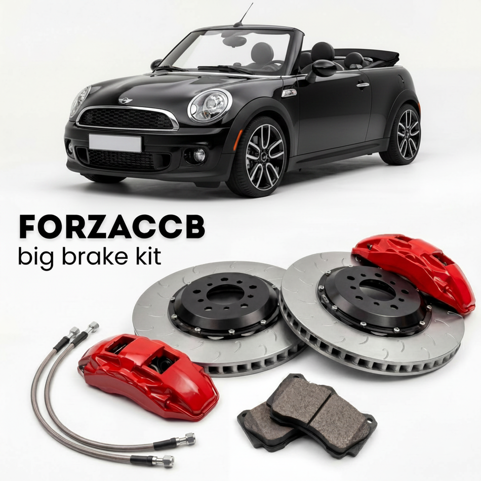 Black Mini Convertible R57, Facelift 2011 (2011-2015) shown above a ForzaCCB iron rotor big brake kit with 2x red 6-piston front calipers, 2x two-piece floating ventilated brake discs 380 mm, set of brake pads, and brake lines.