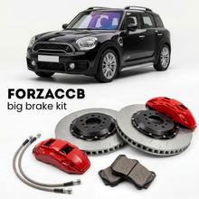 Black Mini Countryman F60 (2017-2020) shown above a ForzaCCB iron rotor big brake kit with 2x red 6-piston front calipers, 2x two-piece floating ventilated brake discs 380 mm, set of brake pads, and brake lines.