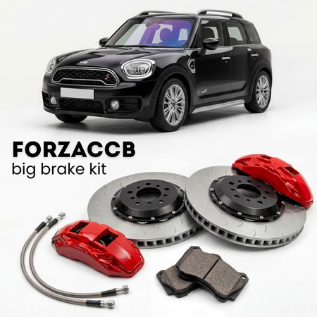 Black Mini Countryman F60 (2017-2020) shown above a ForzaCCB iron rotor big brake kit with 2x red 6-piston front calipers, 2x two-piece floating ventilated brake discs 380 mm, set of brake pads, and brake lines.