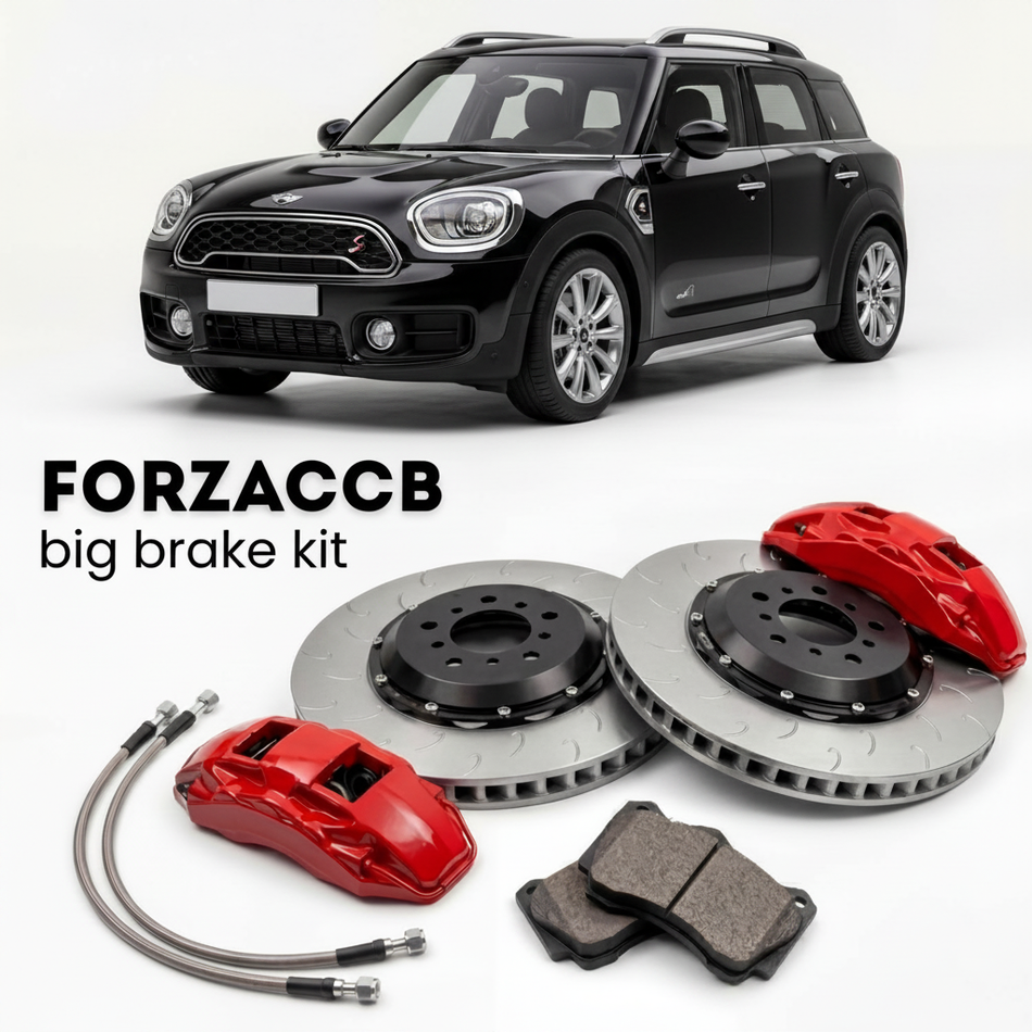 Black Mini Countryman F60, facelift 2020 (2020-2023) shown above a ForzaCCB iron rotor big brake kit with 2x red 6-piston front calipers, 2x two-piece floating ventilated brake discs 380 mm, set of brake pads, and brake lines.