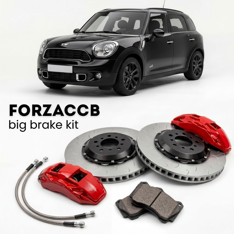 Black Mini Countryman R60 (2010-2014) shown above a ForzaCCB iron rotor big brake kit with 2x red 6-piston front calipers, 2x two-piece floating ventilated brake discs 380 mm, set of brake pads, and brake lines.