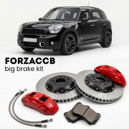 Black Mini Countryman R60, facelift 2014 (2014-2016) shown above a ForzaCCB iron rotor big brake kit with 2x red 6-piston front calipers, 2x two-piece floating ventilated brake discs 380 mm, set of brake pads, and brake lines.
