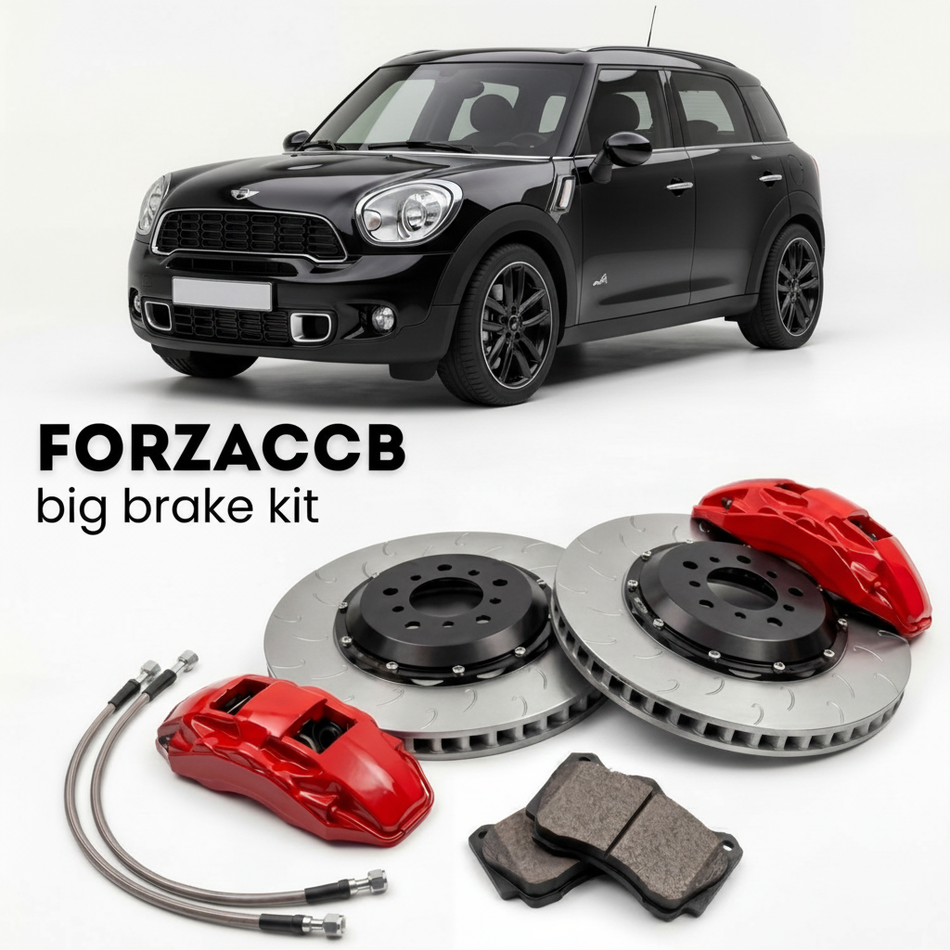 Black Mini Countryman R60, facelift 2014 (2014-2016) shown above a ForzaCCB iron rotor big brake kit with 2x red 6-piston front calipers, 2x two-piece floating ventilated brake discs 380 mm, set of brake pads, and brake lines.