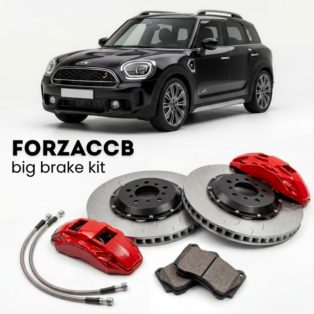 Black Mini Countryman U25 (2023+) shown above a ForzaCCB iron rotor big brake kit with 2x red 6-piston front calipers, 2x two-piece floating ventilated brake discs 380 mm, set of brake pads, and brake lines.