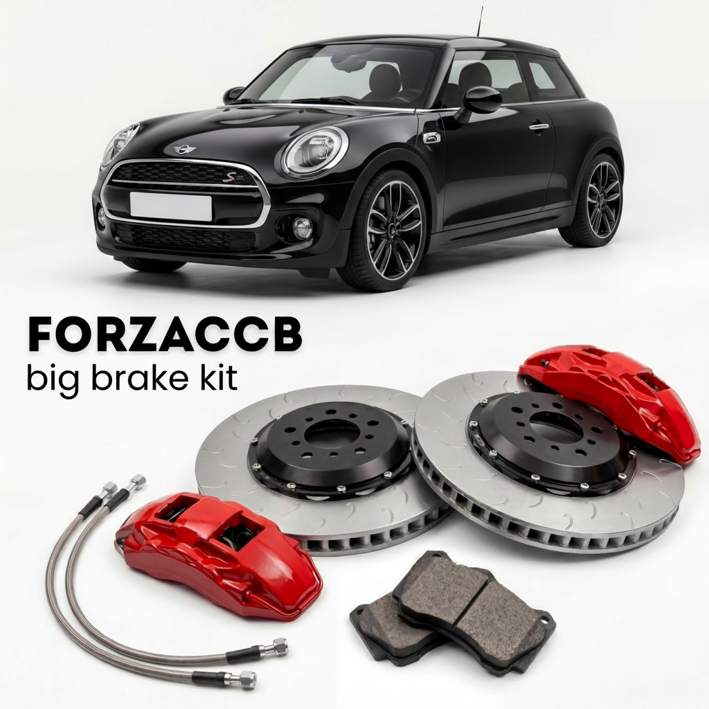 Black Mini Coupe R58 (2011-2015) shown above a ForzaCCB iron rotor big brake kit with 2x red 6-piston front calipers, 2x two-piece floating ventilated brake discs 380 mm, set of brake pads, and brake lines.