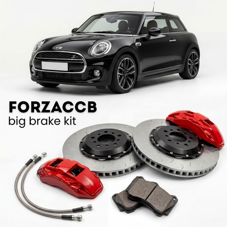 Black Mini Coupe R58 (2011-2015) shown above a ForzaCCB iron rotor big brake kit with 2x red 6-piston front calipers, 2x two-piece floating ventilated brake discs 380 mm, set of brake pads, and brake lines.