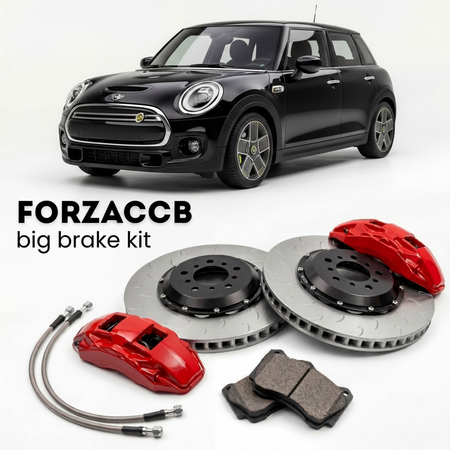 Black Mini Electric F56) (2019-2021 (Cooper SE) shown above a ForzaCCB iron rotor big brake kit with 2x red 6-piston front calipers, 2x two-piece floating ventilated brake discs 380 mm, set of brake pads, and brake lines.