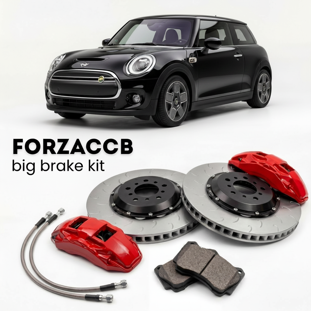 Black Mini Electric J01 (2024+) shown above a ForzaCCB iron rotor big brake kit with 2x red 6-piston front calipers, 2x two-piece floating ventilated brake discs 380 mm, set of brake pads, and brake lines.