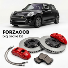 Black Mini Electric J01 (2024+) shown above a ForzaCCB iron rotor big brake kit with 2x red 6-piston front calipers, 2x two-piece floating ventilated brake discs 380 mm, set of brake pads, and brake lines.