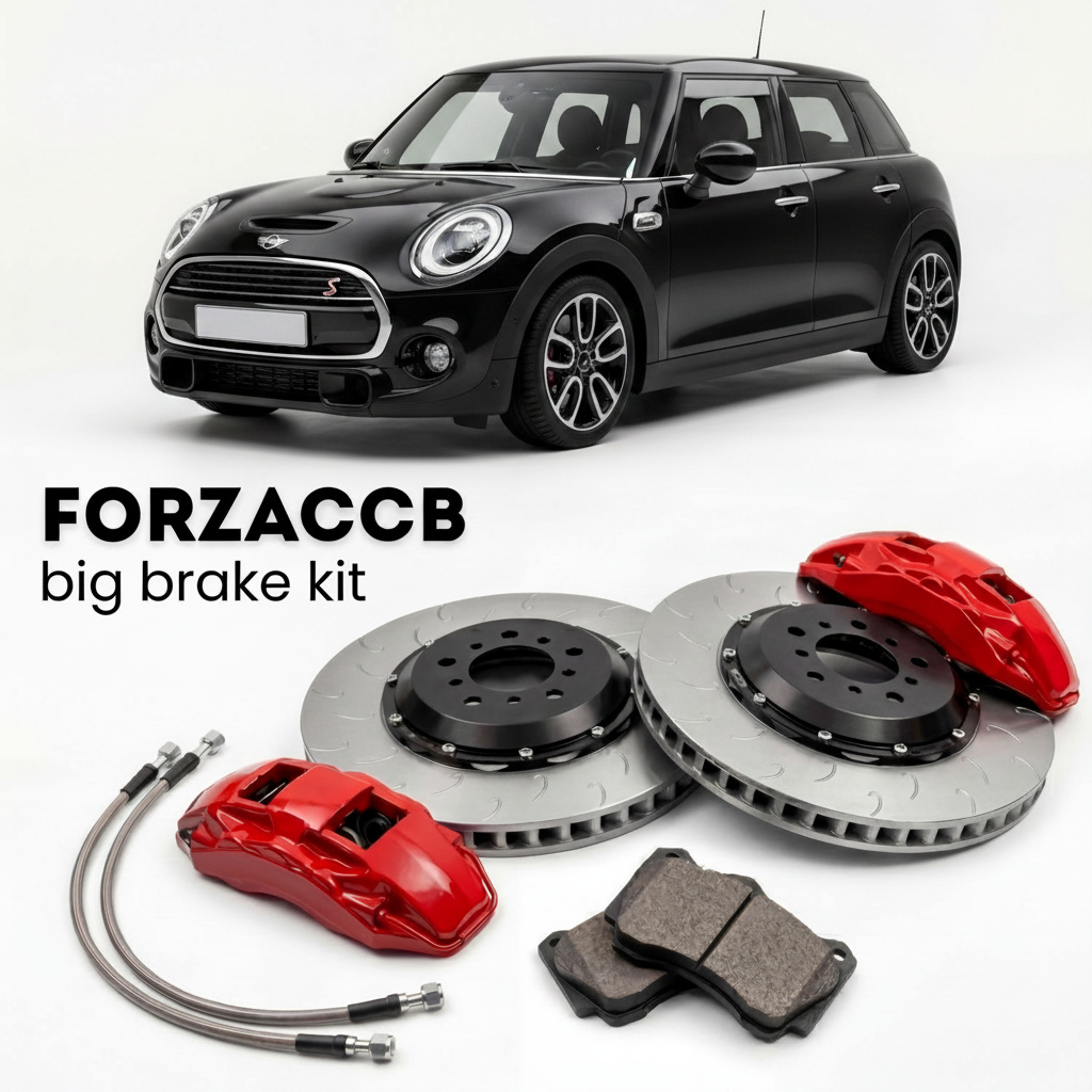 Black Mini Hatch F55, facelift 2021) 5-door (2021-2024 () shown above a ForzaCCB iron rotor big brake kit with 2x red 6-piston front calipers, 2x two-piece floating ventilated brake discs 380 mm, set of brake pads, and brake lines.