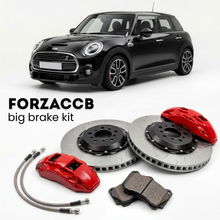 Black Mini Hatch F55, facelift 2021) 5-door (2021-2024 () shown above a ForzaCCB iron rotor big brake kit with 2x red 6-piston front calipers, 2x two-piece floating ventilated brake discs 380 mm, set of brake pads, and brake lines.