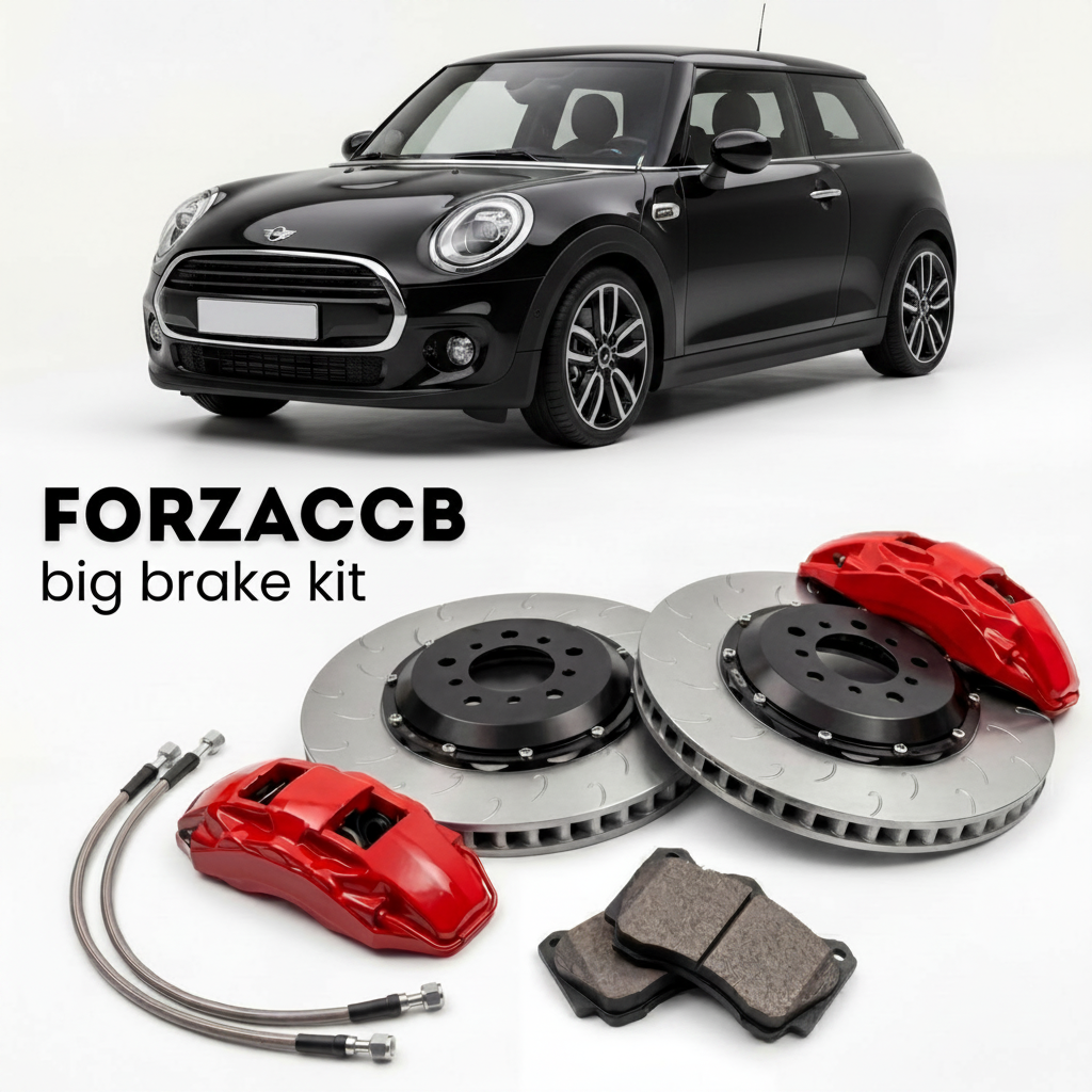 Black Mini Hatch F56, facelift 2021) 3-door (2021-2024 () shown above a ForzaCCB iron rotor big brake kit with 2x red 6-piston front calipers, 2x two-piece floating ventilated brake discs 380 mm, set of brake pads, and brake lines.