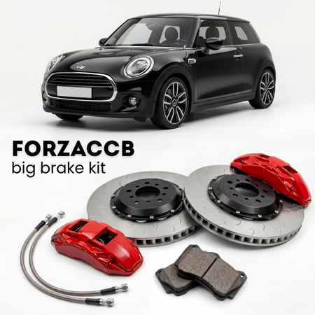 Black Mini Hatch F56, facelift 2021) 3-door (2021-2024 () shown above a ForzaCCB iron rotor big brake kit with 2x red 6-piston front calipers, 2x two-piece floating ventilated brake discs 380 mm, set of brake pads, and brake lines.