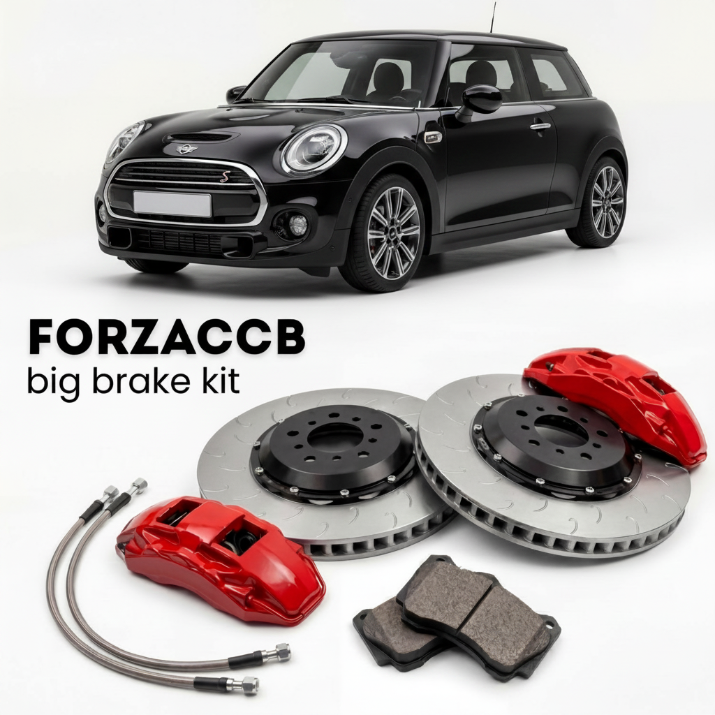 Black Mini Hatch F66) 3-door (2024+ () shown above a ForzaCCB iron rotor big brake kit with 2x red 6-piston front calipers, 2x two-piece floating ventilated brake discs 380 mm, set of brake pads, and brake lines.