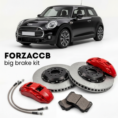 Black Mini Hatch F66) 3-door (2024+ () shown above a ForzaCCB iron rotor big brake kit with 2x red 6-piston front calipers, 2x two-piece floating ventilated brake discs 380 mm, set of brake pads, and brake lines.