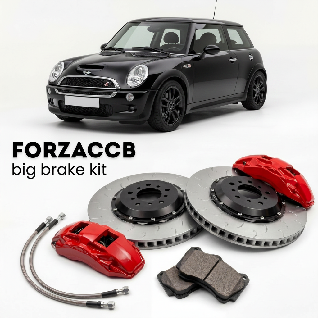 Black Mini Hatch R50; R53 (2005-2006) shown above a ForzaCCB iron rotor big brake kit with 2x red 6-piston front calipers, 2x two-piece floating ventilated brake discs 380 mm, set of brake pads, and brake lines.
