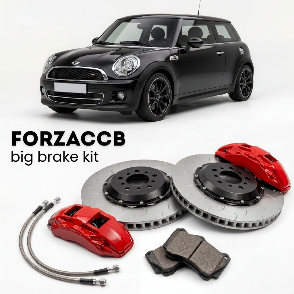 Black Mini Hatch R56 (2006-2014) shown above a ForzaCCB iron rotor big brake kit with 2x red 6-piston front calipers, 2x two-piece floating ventilated brake discs 380 mm, set of brake pads, and brake lines.