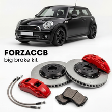Black Mini Hatch R56 (2006-2014) shown above a ForzaCCB iron rotor big brake kit with 2x red 6-piston front calipers, 2x two-piece floating ventilated brake discs 380 mm, set of brake pads, and brake lines.