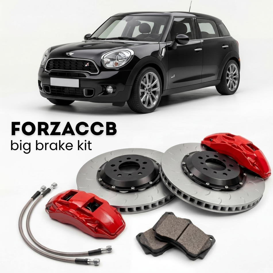 Black Mini Paceman R61 (2013-2016) shown above a ForzaCCB iron rotor big brake kit with 2x red 6-piston front calipers, 2x two-piece floating ventilated brake discs 380 mm, set of brake pads, and brake lines.