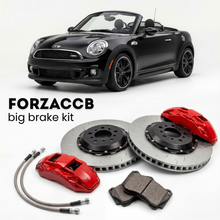 Black Mini Roadster R59 (2012-2015) shown above a ForzaCCB iron rotor big brake kit with 2x red 6-piston front calipers, 2x two-piece floating ventilated brake discs 380 mm, set of brake pads, and brake lines.