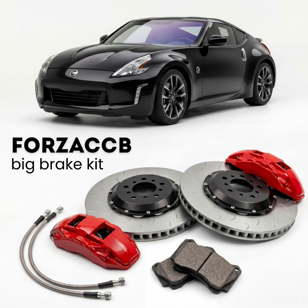 Black Nissan 370Z Z34 (2010-2021) shown above a ForzaCCB iron rotor big brake kit with 2x red 6-piston front calipers, 2x two-piece floating ventilated brake discs 380 mm, set of brake pads, and brake lines.