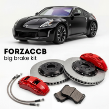Black Nissan 370Z Z34 (2010-2021) shown above a ForzaCCB iron rotor big brake kit with 2x red 6-piston front calipers, 2x two-piece floating ventilated brake discs 380 mm, set of brake pads, and brake lines.