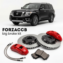 Black Nissan Armada Y62 (2017-2024) shown above a ForzaCCB iron rotor big brake kit with 2x red 6-piston front calipers, 2x two-piece floating ventilated brake discs 380 mm, set of brake pads, and brake lines.