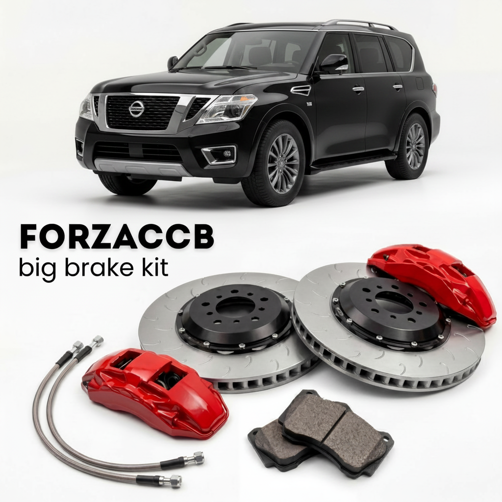 Black Nissan Armada Y62 (2017-2024) shown above a ForzaCCB iron rotor big brake kit with 2x red 6-piston front calipers, 2x two-piece floating ventilated brake discs 380 mm, set of brake pads, and brake lines.