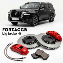 Black Nissan Armada Y63 (2025+) shown above a ForzaCCB iron rotor big brake kit with 2x red 6-piston front calipers, 2x two-piece floating ventilated brake discs 380 mm, set of brake pads, and brake lines.